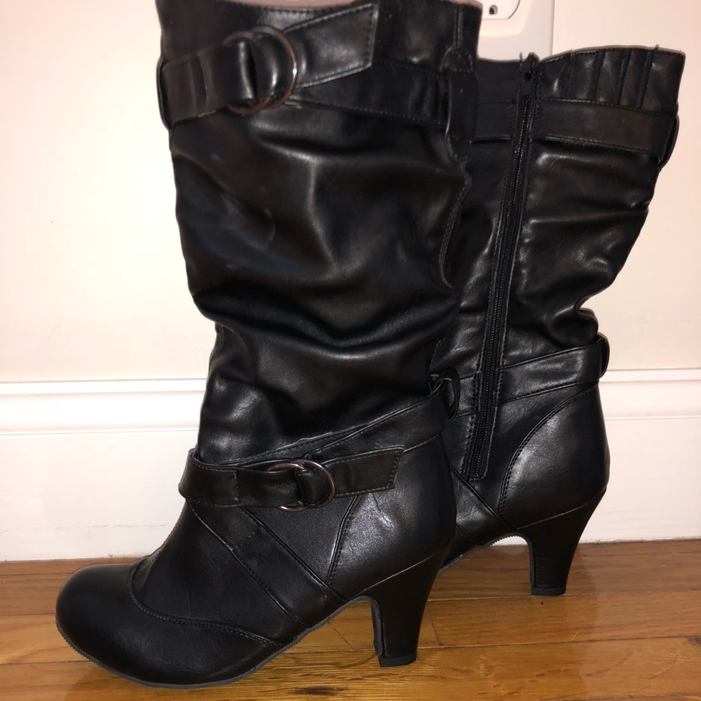 Black faux leather mid calf booties
